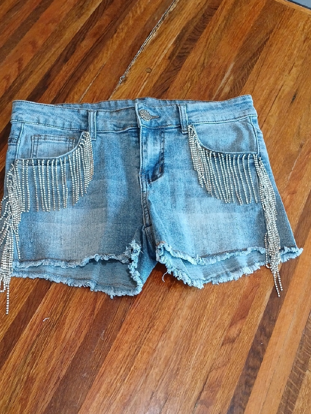 Vocal Denim Shorts with Rhinestone Fringe - Small